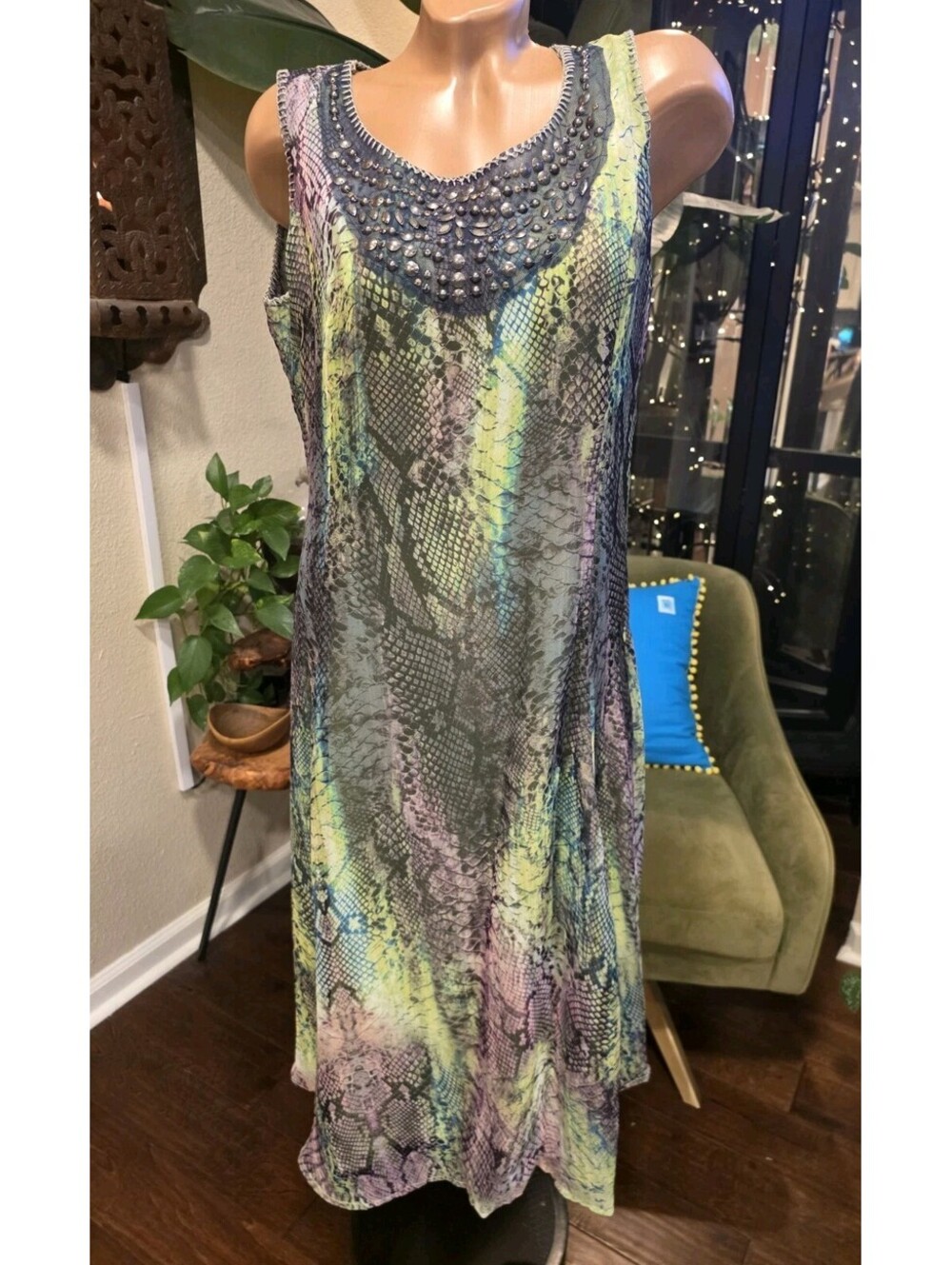 REBA Womens 8 Snakeskin Animal Print Mesh Midi Dress Beaded Scoop Neck Boho EUC
